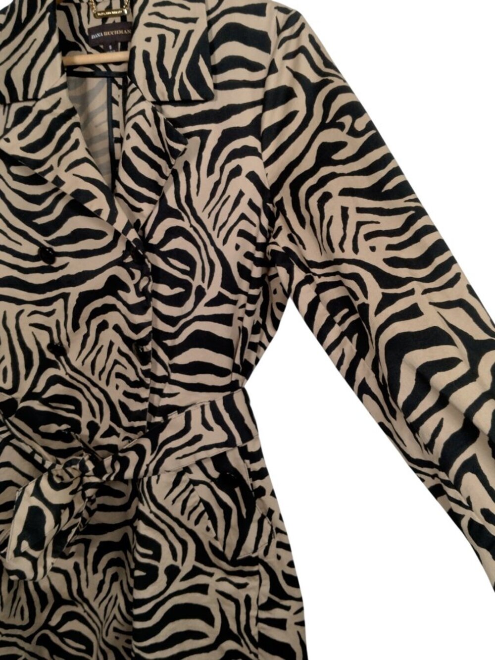 Dana Buchman Jacket Small Long Animal Print Brown Black Zebra Cotton Belt Blazer - Picture 8 of 16